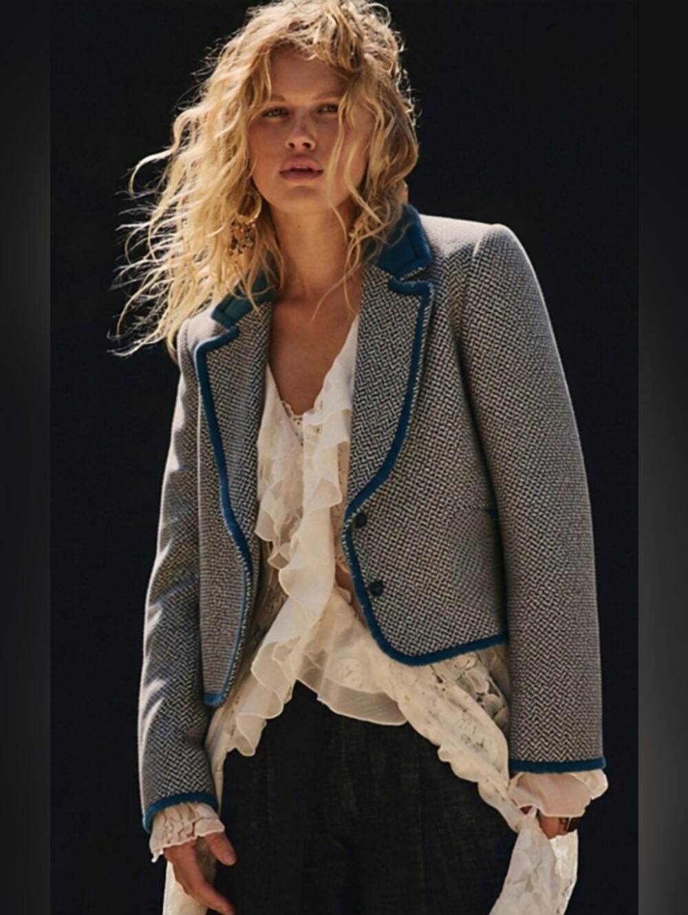 Zara Woman Tailored Wool Tweed Jacket with Green Trim